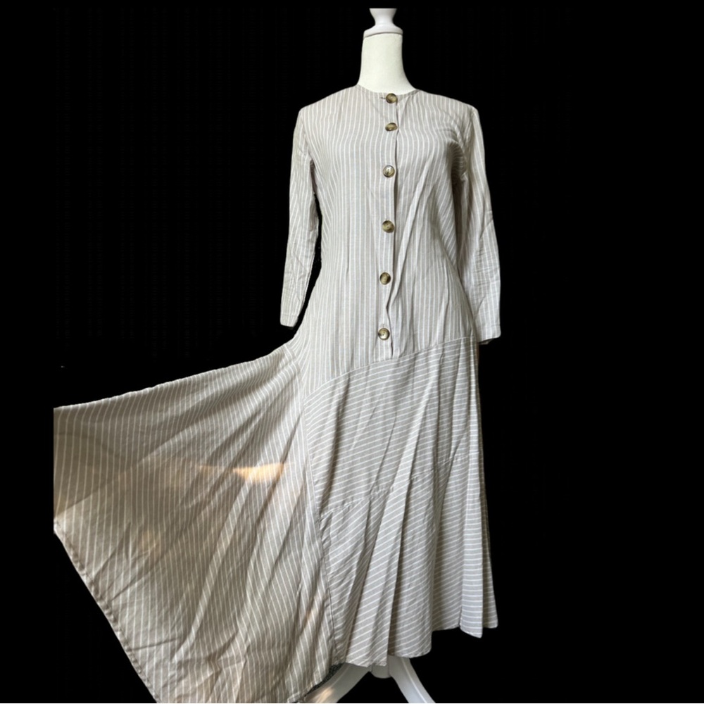 Tan & White Long-Sleeve Button Down Stripe Handkerchief Modest Linen Midi Dress